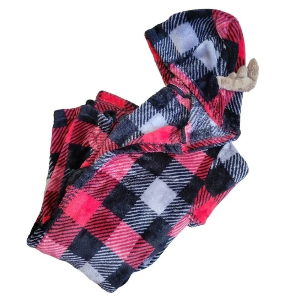 Boys M 8/10 Cuddl Duds Moose/Deer black/red Checkered Plaid Winter Hooded Robe